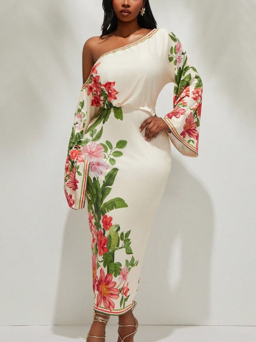 Multicolor Elegant Women's Plus Size One Sleeve Dress - Picture 3 of 7